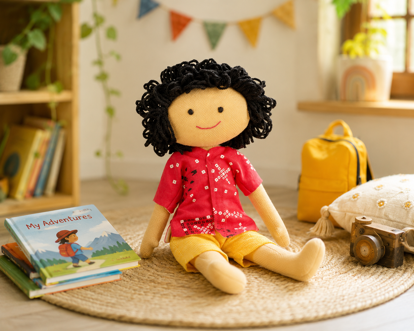 Veer Handmade Cloth Doll - Orange and Yellow Shorts - Image 2