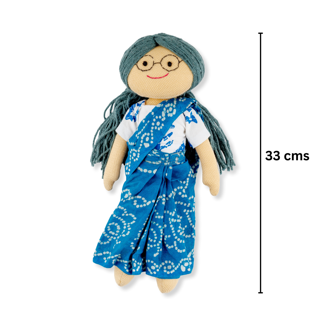 Aaji/Grandmother Handmade Cloth Doll - Light blue saree with White Blouse - Image 4