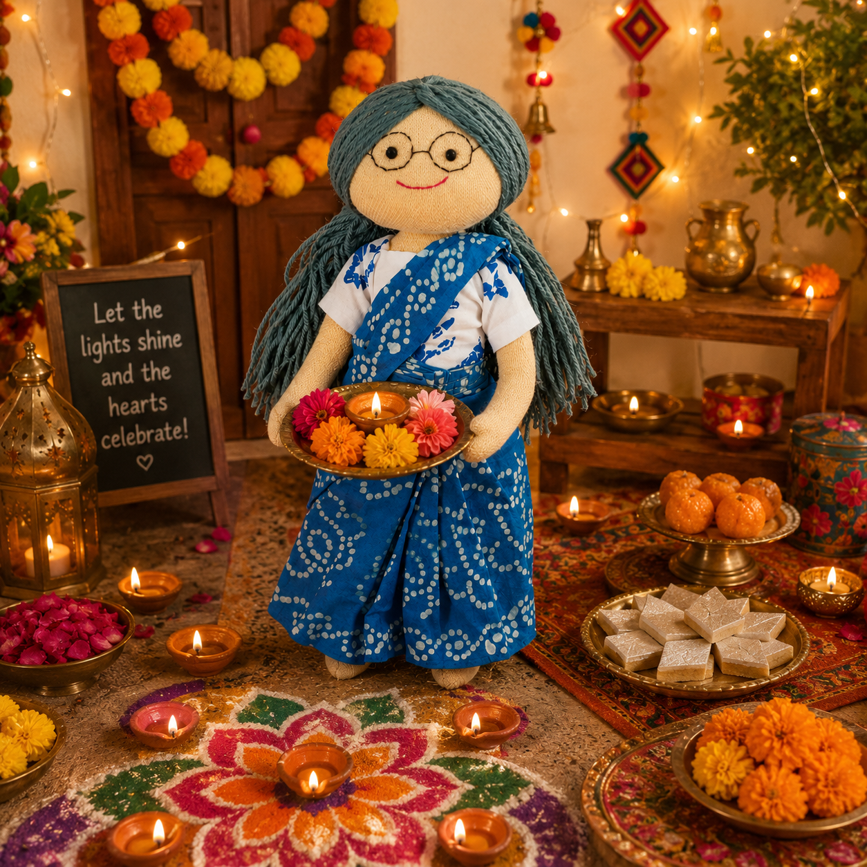 Aaji/Grandmother Handmade Cloth Doll - Light blue saree with White Blouse - Image 3