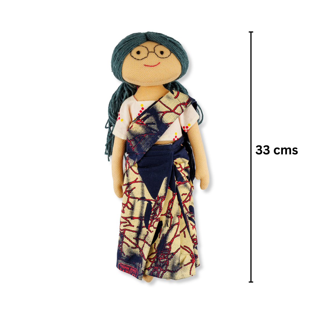 Aaji/Grandmother Handmade Cloth Doll - Dark blue and cream saree with white blouse - Image 4