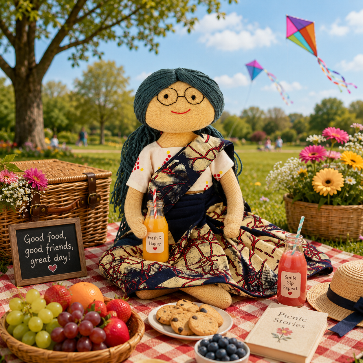 Aaji/Grandmother Handmade Cloth Doll - Dark blue and cream saree with white blouse - Image 3