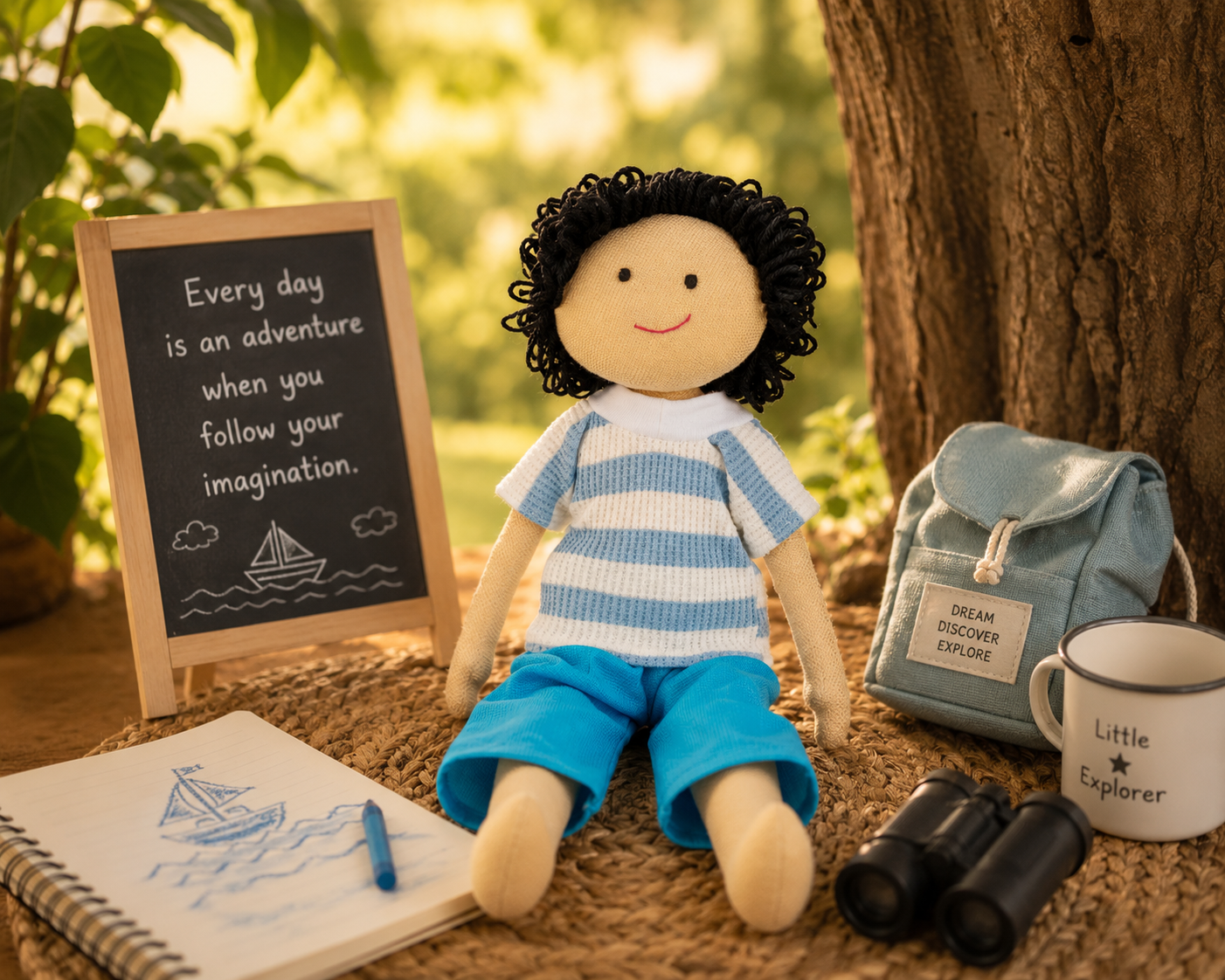Veer Handmade Cloth Doll - Blue stripe shirt and blue Shorts - Image 3