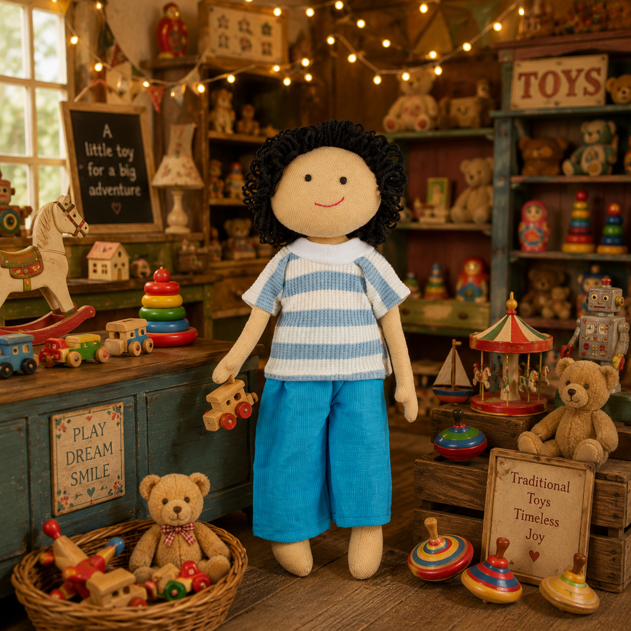 Veer Handmade Cloth Doll - Blue stripe shirt and blue Shorts