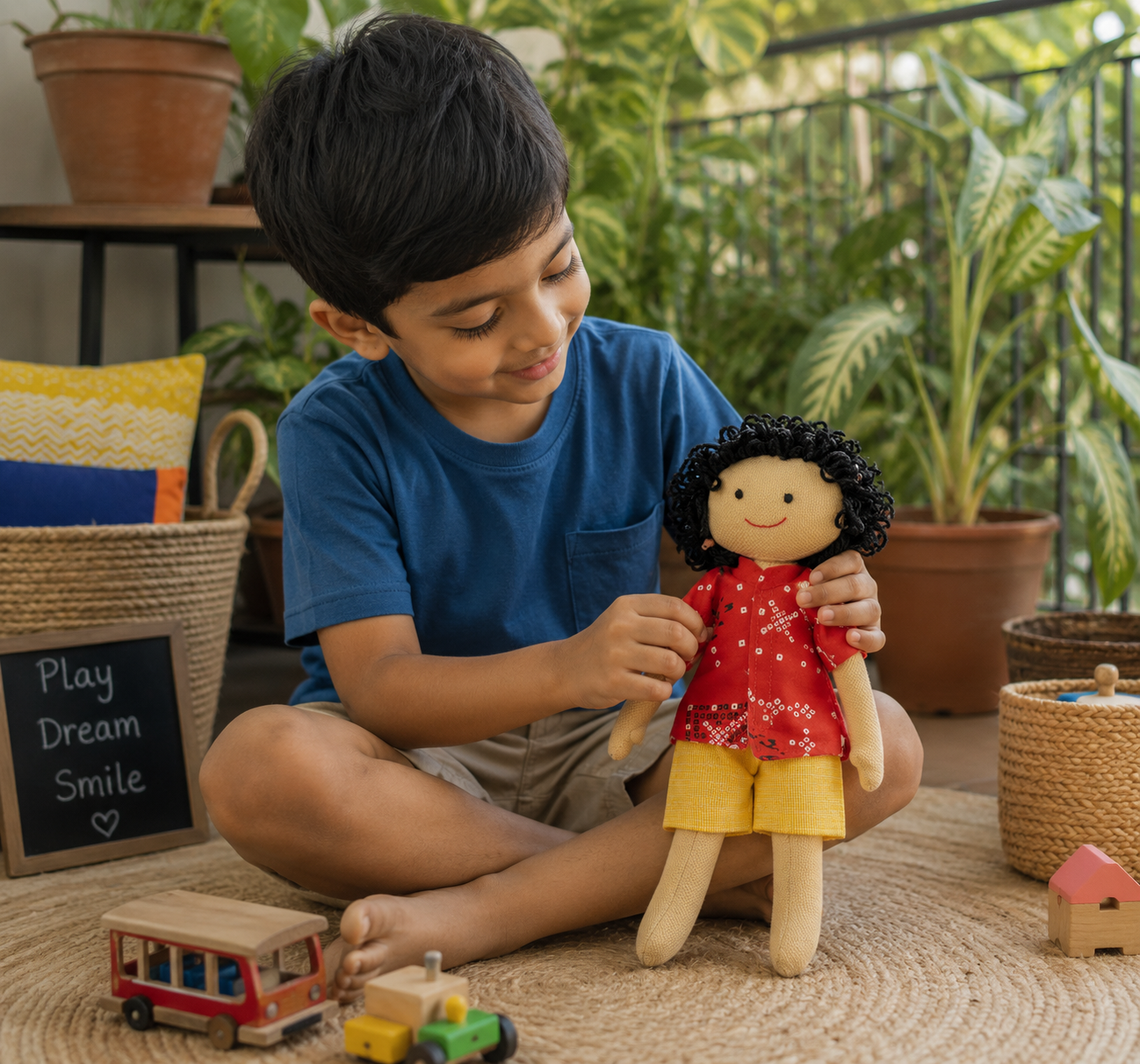 Veer Handmade Cloth Doll - Orange and Yellow Shorts - Image 4